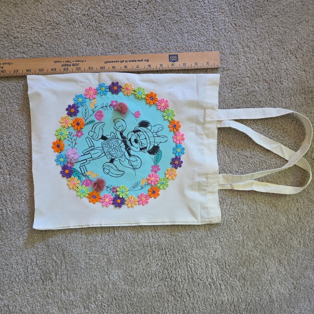Disney Minnie Mouse Upcycled Tote Bag Floral Bicycle Cream Handmade Unique Cute! - Picture 4 of 5